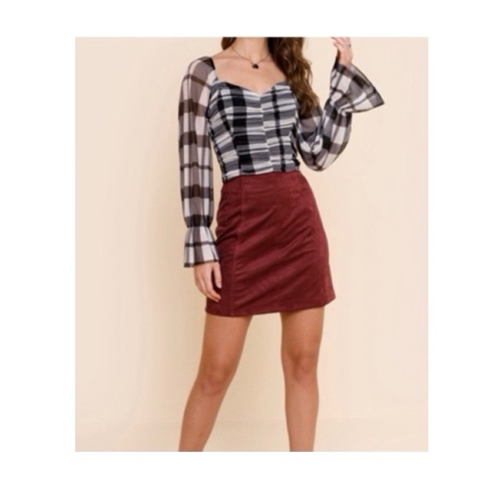 Lily Star Francesca’s‎ Patrica Long Sleeve Plaid Ruched Blouse NWT